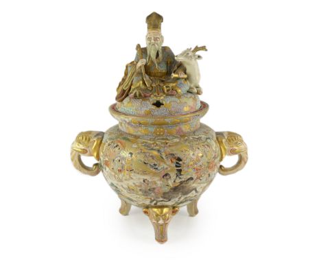 A large Japanese Satsuma pottery koro and cover, Meiji period, painted to each side with hunting scenes, the globular body sl