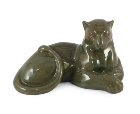 Octave Larrieu (French, 1881-1965). An Art Deco pottery model of a panther, signed, covered in a semi translucent green glaze