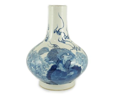 A Chinese blue and white ‘mythical beasts’ vase, Kangxi six character mark but 19th century, painted with three different myt