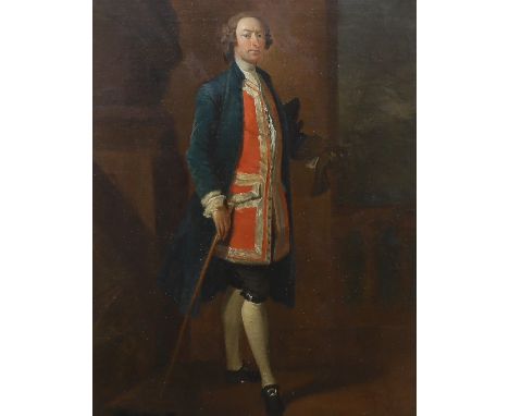Circle of Arthur Devis (British, 1712-1787) Full length portrait of a gentleman, standing holding a caneoil on canvas42 x 33c