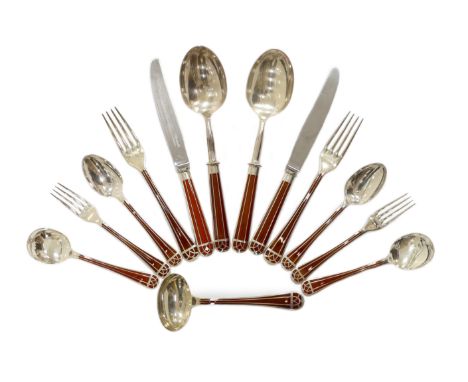 An almost complete canteen of modern Christofle silver plated and Chinese brown lacquer Talisman pattern cutlery for eight, d