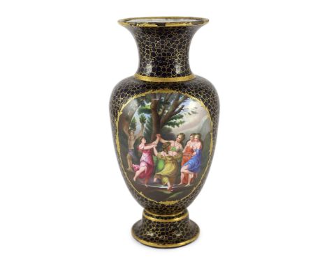 A rare neo-classical enamel on copper vase, probably Vienna 18th/19th century, painted to each side with figure scenes in the