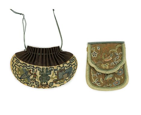 Two Chinese embroidered silk purses, 19th century, the first a drawstring purse (hebao), finely embroidered on gauze with ant