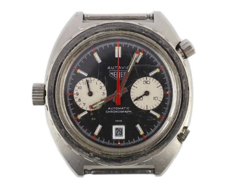 A gentleman's 1960's stainless steel Heuer Autavia automatic chronograph wrist watch, with red sweep seconds, two subsidiary 