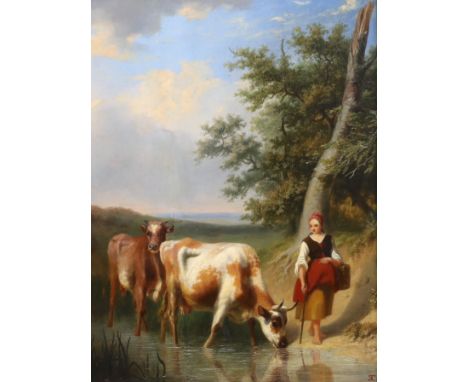 Edmond Jean-Baptiste Tschaggeny (Belgian, 1818-1873) Cattle drover and cows beside a streamoil on wooden panelmonogrammed28 x
