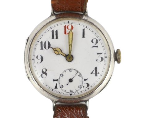A gentleman's WWI silver Rolex Officer's trench manual wind wrist watch, with Arabic dial, red twelve and subsidiary seconds,