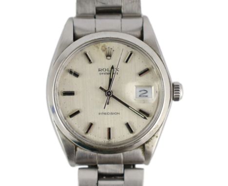 A gentleman's early 1970's stainless steel Rolex Oysterdate Precision manual wind wrist watch, on a stainless steel Rolex bra