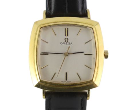 A gentleman's early 1960's 18ct gold Omega automatic dress wrist watch of shaped square form, with baton numerals, movement c