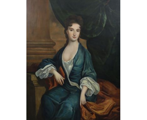 Follower of Jonathan Richardson (British, 1665-1745) Portrait of a lady, half length, seated wearing a blue dressoil on canva