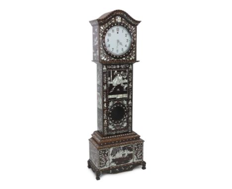 A Chinese hardwood and mother-of-pearl inlaid longcase clock, mid 20th century, decorated with figures of Immortals in garden