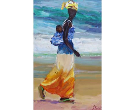 § § Jeffrey Pratt (British, b.1940) Caribbean mother and child on the seashore, a sketch of Indian women versooil on boardsig