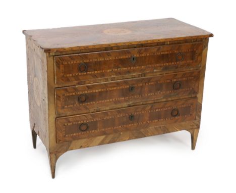 A late 18th century Italian olive wood and parquetry commode, fitted four long drawers on tapered bracket feet, 118cm wide, 5