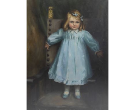 Helen Donald-Smith (1880-1930) Portrait of a girl wearing a blue dress standing upon an armchairoil on canvassigned and dated