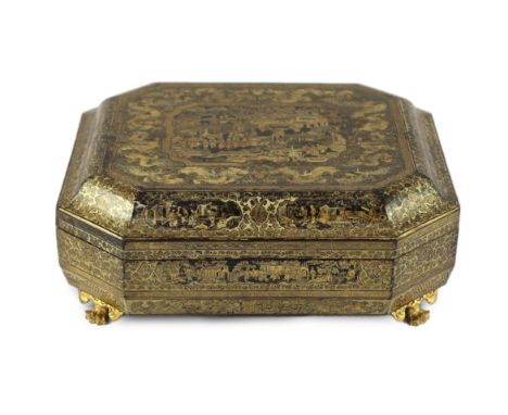 A Chinese Export gilt-decorated black lacquer games box, c.1830, decorated with figures amid pavilions and trees, the cover w