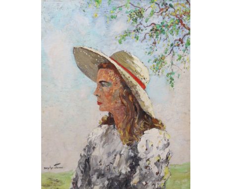 § § Cecil Rochfort D'Oyly John (British, 1906-1993) Portrait of a the artist's wife Joan, wearing a straw hatoil on boardsign