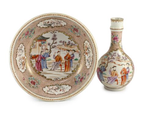 A Chinese enamelled porcelain Mandarin pattern water bottle  (guglet) and basin, Qianlong period, painted with court figures 