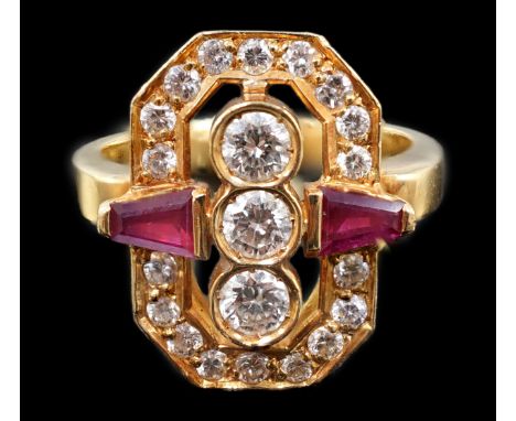 A modern gold, ruby and diamond cluster dress ring, of octagonal form and set with round brilliant cut diamonds and trapeze c