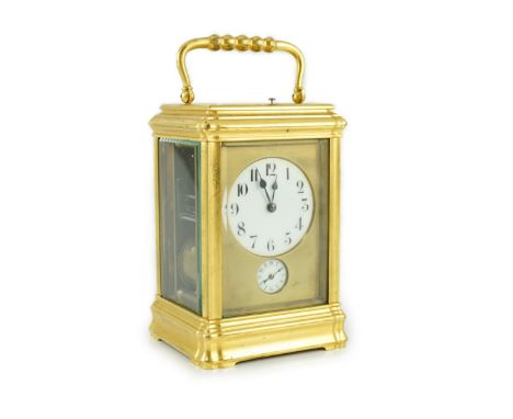 An early 20th century French ormolu Grande Sonnerie alarum clock with enamelled Arabic dials and gorge case, movement strikin