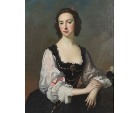 Attributed to Thomas Hudson (English, 1701-1779) Portrait of Miss Furneaux Pelham, standing half length wearing a lace trimme