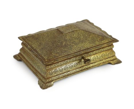 An Indian gold damascened iron box, 19th century, decorated with a repeating design of flowers, leaves and tendrils, the dome