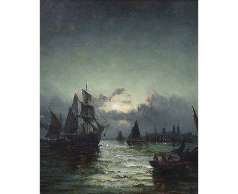 Hubert Thornley (fl.1859-1898) Moonlit Dutch harbour sceneoil on canvassigned34 x 29cm***CONDITION REPORT***Oil on original c
