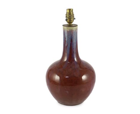 A Chinese flambé glazed bottle vase, tianqiuping, 18th/19th, mounted as a lamp, 31.5cm high excluding later lamp fitting, foo