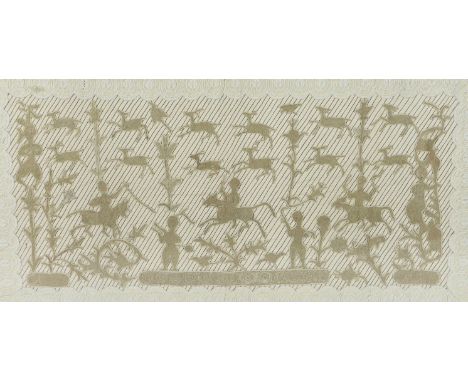An appliqué needlework panel, from 'Greystoke Castle' depicting a hunting scene, worked by Lady Elizabeth Howard, Countess of
