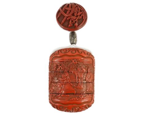 A good Japanese tsuishu (carved red lacquer) four case inro, by Yosei, and a similar manju netsuke, 19th century, carved in h