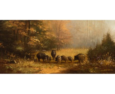 Karl Julius Joest. 1896 Solingen - 1975 Düsseldorf.  Sign. Rotte von Wildschweinen auf herbstlicher Waldlichtung. Öl/Lwd./Hol
