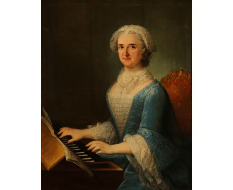 Französischer Maler des 18. Jh. Paar Gemälde: Portrait der Marquise d'Auraison am Cembalo, Portrait des Marquis D'Auraison mi