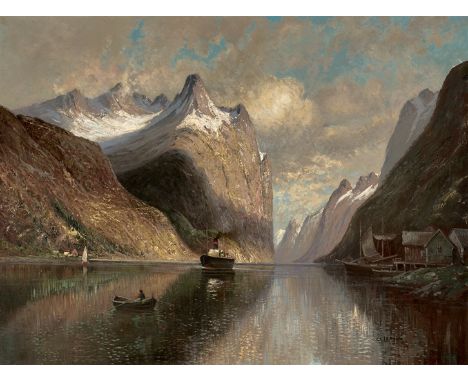 Charles Leroux. 1814 - Nantes - 1895. Sign. Rs. bet. "Gognerfjord". Fjordlandschaft mit Schiffen an einem Frühlingstag. Öl/Lw