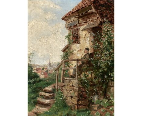 Genremaler des 19. Jh.  Alter Pfeifenraucher auf der Treppe vor seinem Haus. Blick auf mittelalterliches Städtchen. Öl/Holz. 