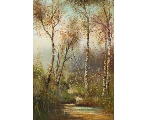 Österreichischer Maler des 19. Jh.  Birkenwäldchen mit zwei Rehen. Öl/Lwd. 60 x 40 cm. R