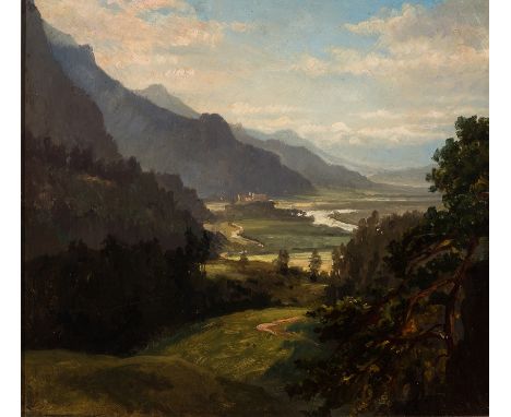 Landschaftsmaler des 19. Jh.  Blick auf das Rheintal (bei Liechtenstein). Feine, nuancierte Schilderung. Öl/Ktn. 26 x 29 cm. 