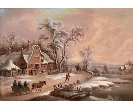 Herrmann Kauffmann. 1808 - Hamburg - 1889.  Zugeschr. Winterlandschaft mit altem Gehöft, Schlitten und Personenstaffage. Öl/H