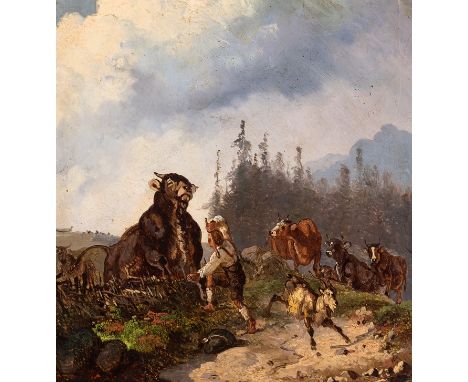 Johann Friedrich Voltz. 1817 Nördlingen - 1886 München.  Rs. bez. von alter Hand. Riesiger Bulle versucht ein Gatter zu überw
