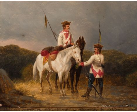 Christian Sell. 1831 Altona - 1883 Düsseldorf.  Sign. Zwei Ulanen in Uniform mit ihren Pferden. Öl/Holz. 20,5 x 26 cm. R