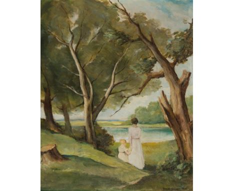 Hans Hanner. 1883 Sankt Goas - 1966 Dresden. Sign. Mutter mit Kind am Ufer eines Sees. Öl/Ktn. 75 x 59 cm. R