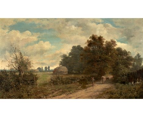Französischer(?) Maler, Ende 19. Jh.  Baumbestandene Erntelandschaft. Bauer mit Kuh auf Hohlweg. Öl/Lwd. auf Ktn. 61 x 106 cm
