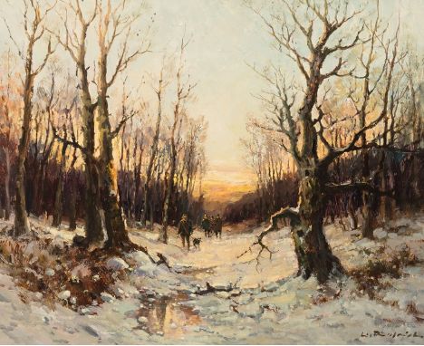 Maler 1.H. 20. Jh.  Undeutl. sign. Eine Gruppe von Jägern mit Hund auf dem Weg durch einen Winterwald. Öl/Holz. 40 x 50 cm. R