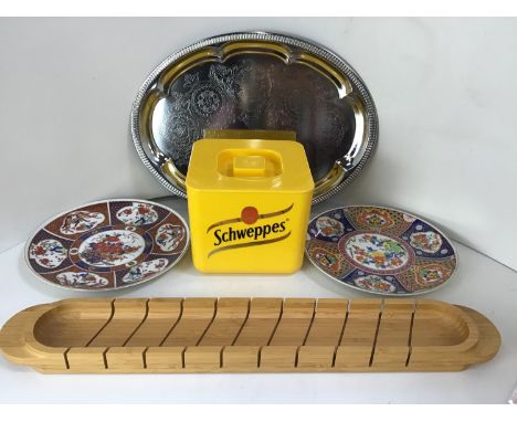 Silver Plated Tray, Schweppes Ice Bucket, Decorative Plates and French Stick Chopping Board 