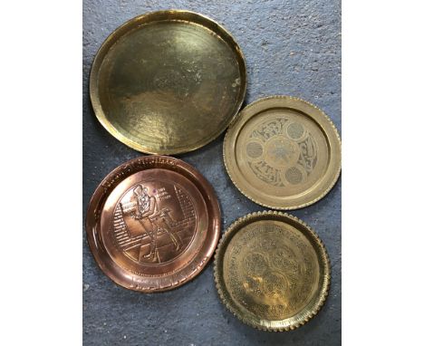 Johnnie Walker Whisky Copper Tray and 3x Brass Chargers 