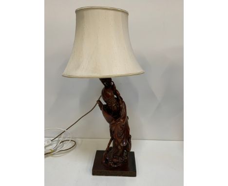 Carved Treen Oriental Lamp with Shade 