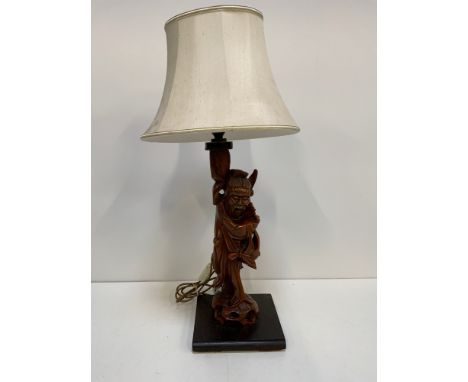 Carved Treen Oriental Lamp with Shade - Base 50cm High x 72cm to Top 