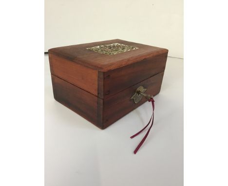 Mahogany Trinket Box with Key and Contents - Costume Jewellery etc 