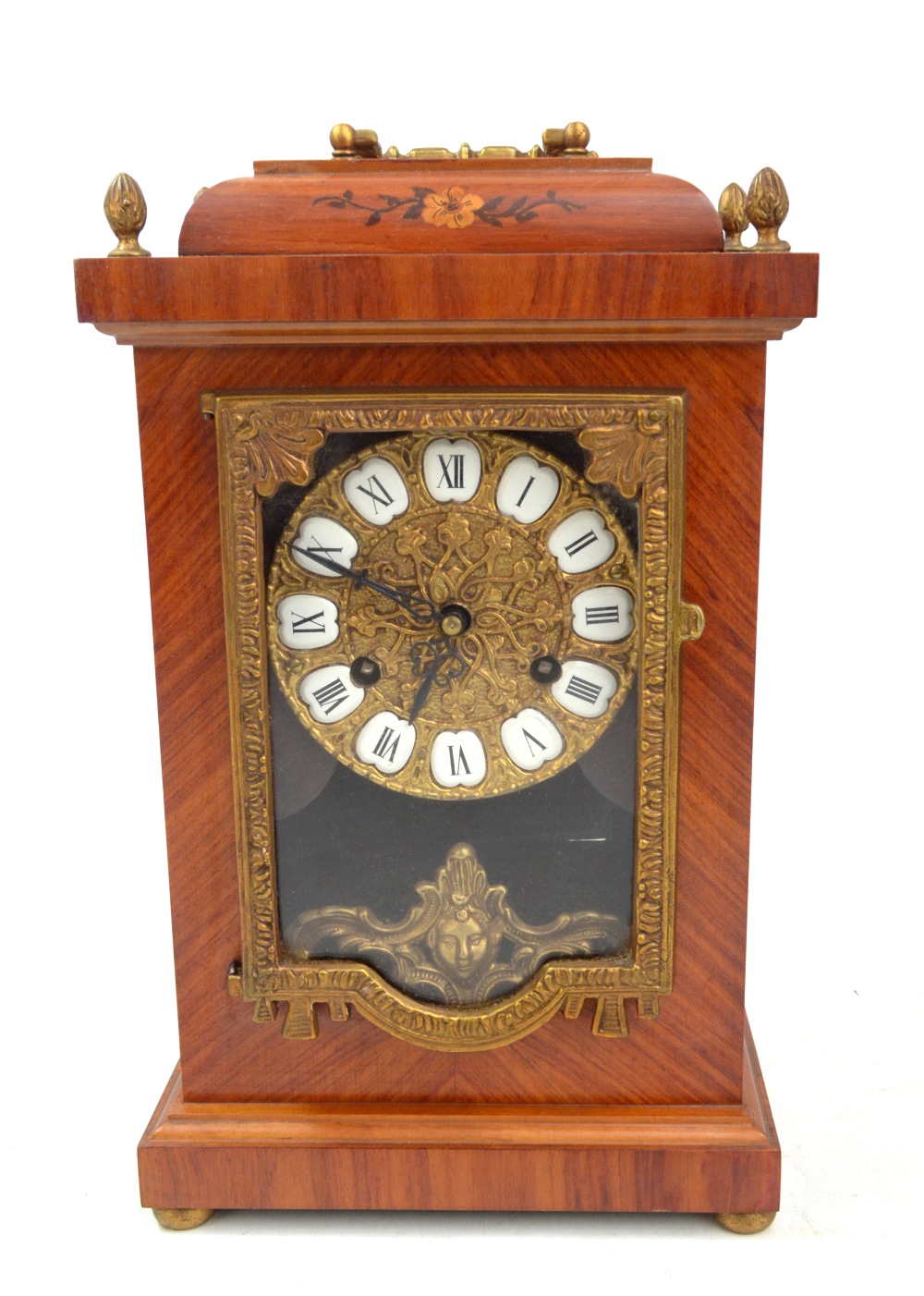 HERMLE; a German mantel clock with marquetry detail and gilt metal