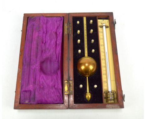 A mahogany cased Sikes of London hydrometer and thermometer (af).
