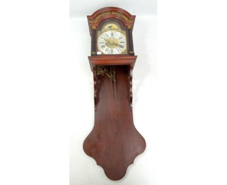 A reproduction mahogany wall clock, the silvered chapter ring set with Roman numerals beneath rolling moon phase and inscribe