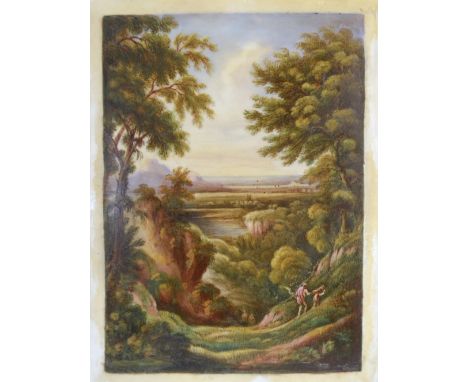 A 19th century opaque glazed porcelain plaque hand painted with a mountainous landscape with figures faggot gathering in the 