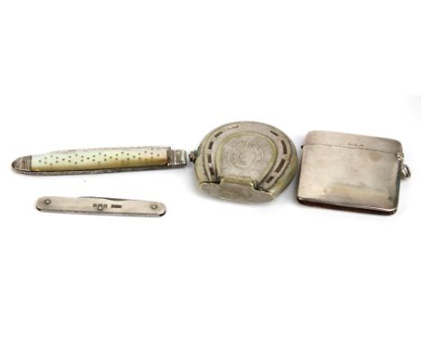 A silver bladed pocket knife with mother of pearl handle (af), a further small pocket knife with silver body, a silver vesta 